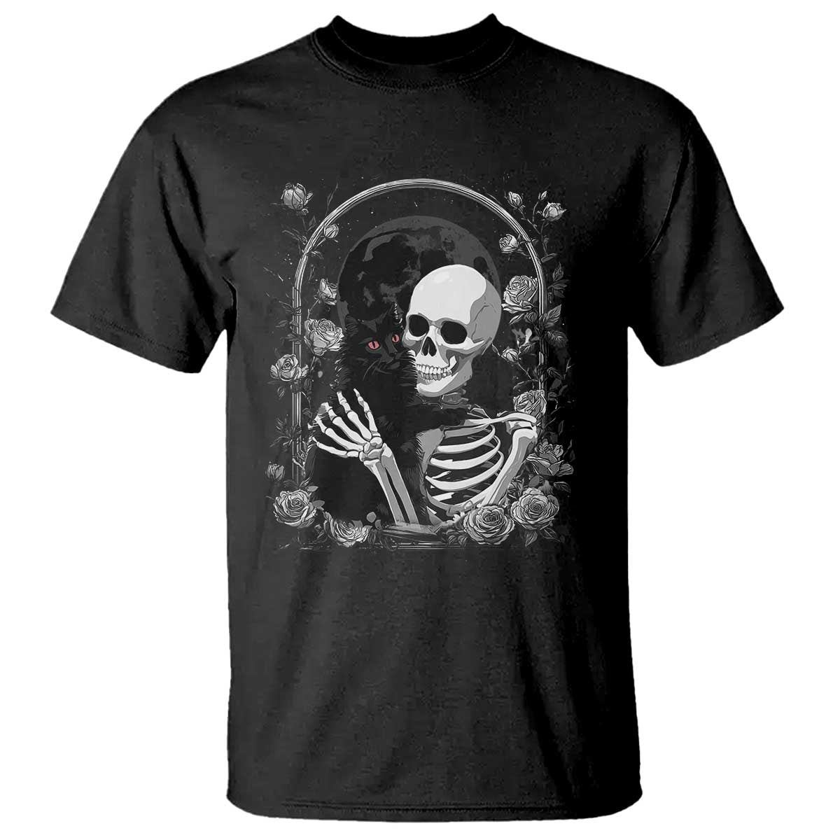 Funny Full Moon Horror Art T Shirt Skeleton Hug Maine Coon Cat - Wonder Print Shop