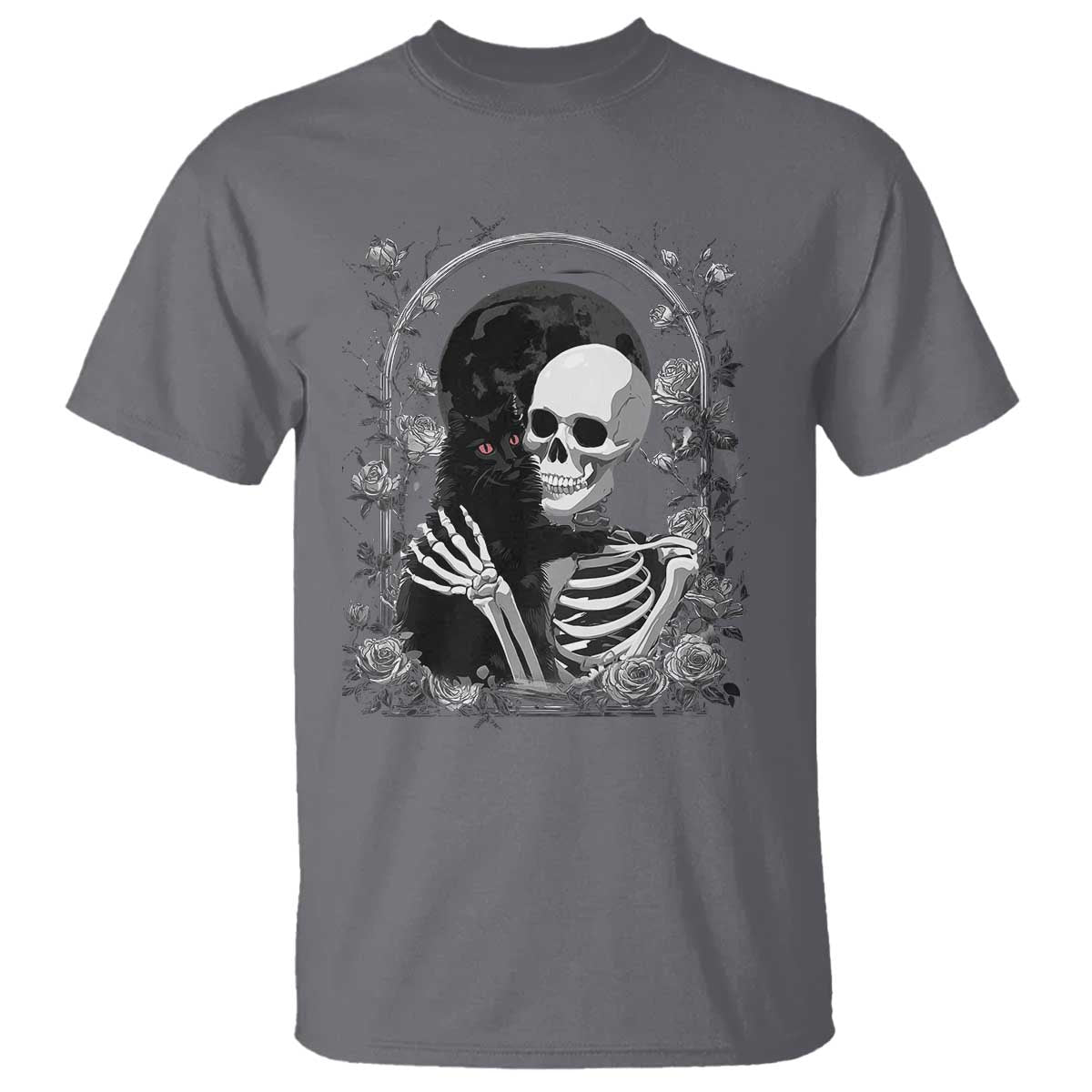 Funny Full Moon Horror Art T Shirt Skeleton Hug Maine Coon Cat - Wonder Print Shop