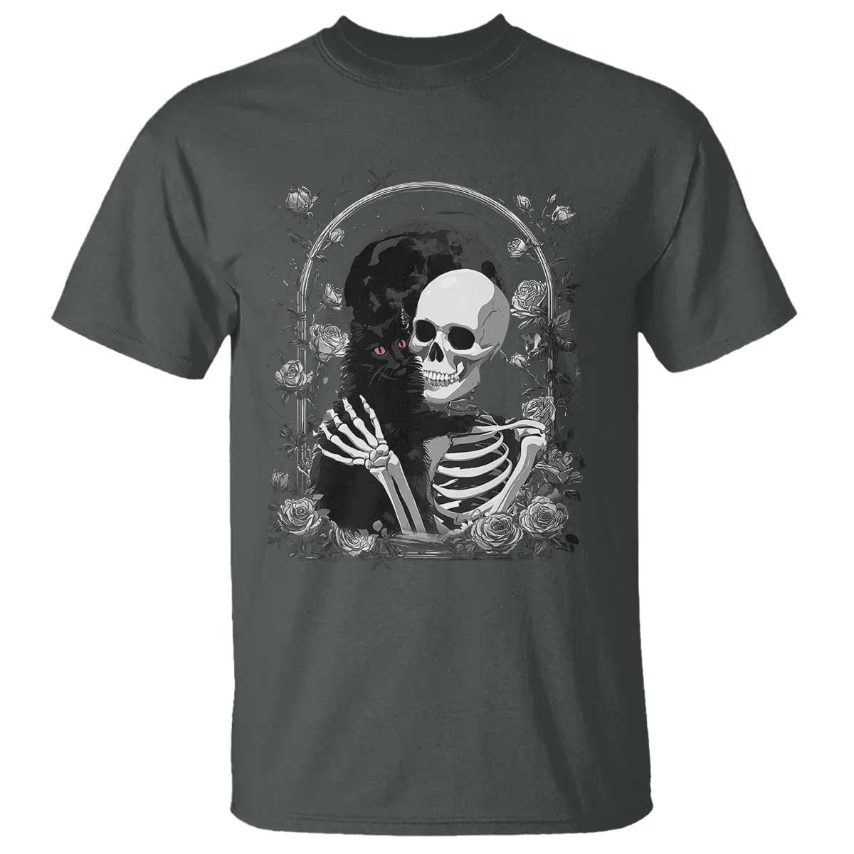 Funny Full Moon Horror Art T Shirt Skeleton Hug Maine Coon Cat - Wonder Print Shop