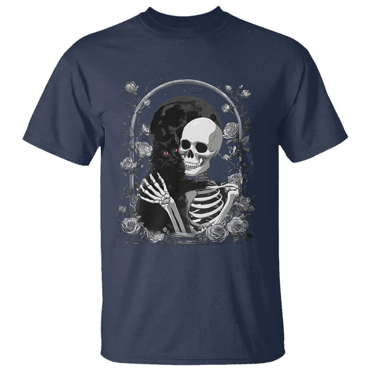 Funny Full Moon Horror Art T Shirt Skeleton Hug Maine Coon Cat - Wonder Print Shop