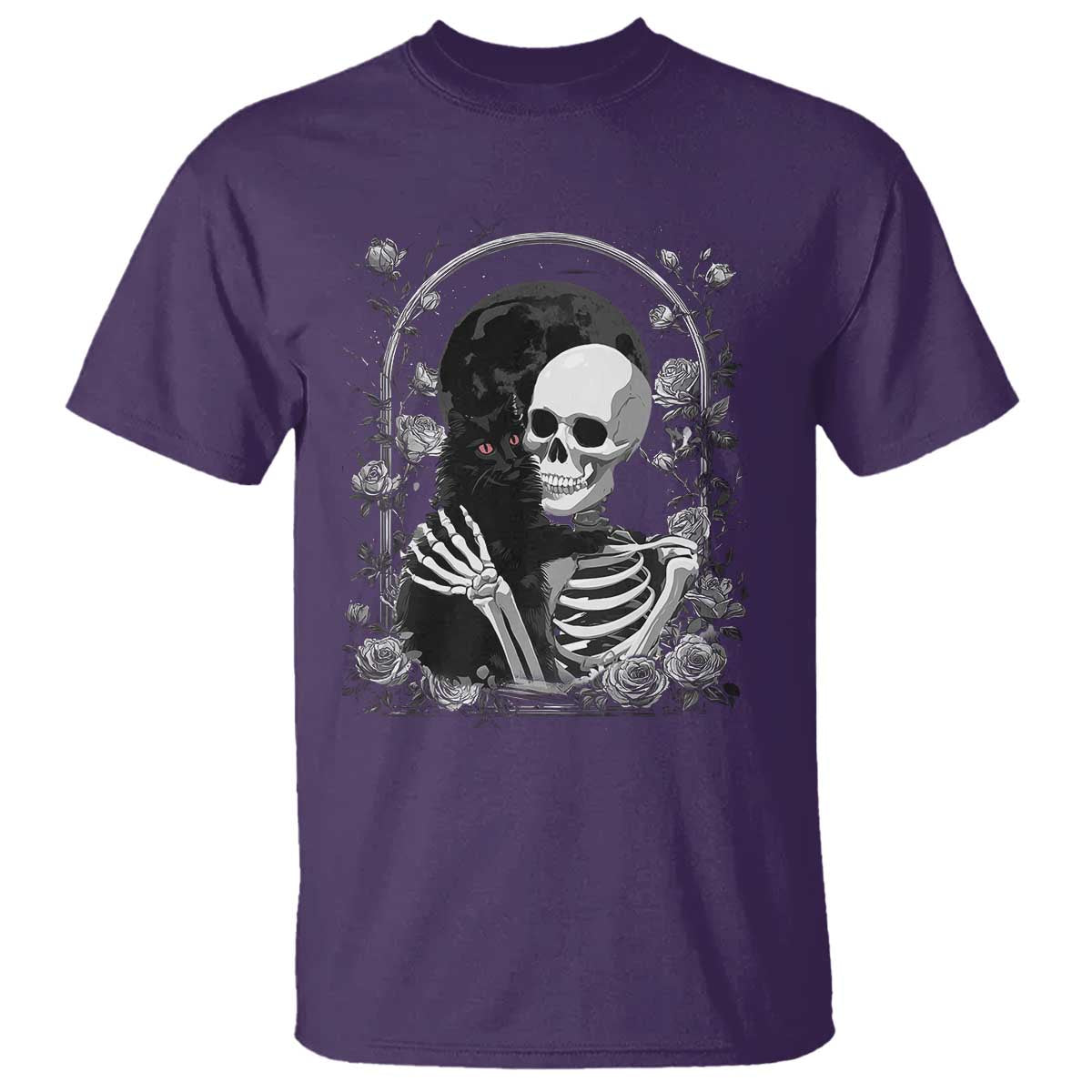 Funny Full Moon Horror Art T Shirt Skeleton Hug Maine Coon Cat - Wonder Print Shop