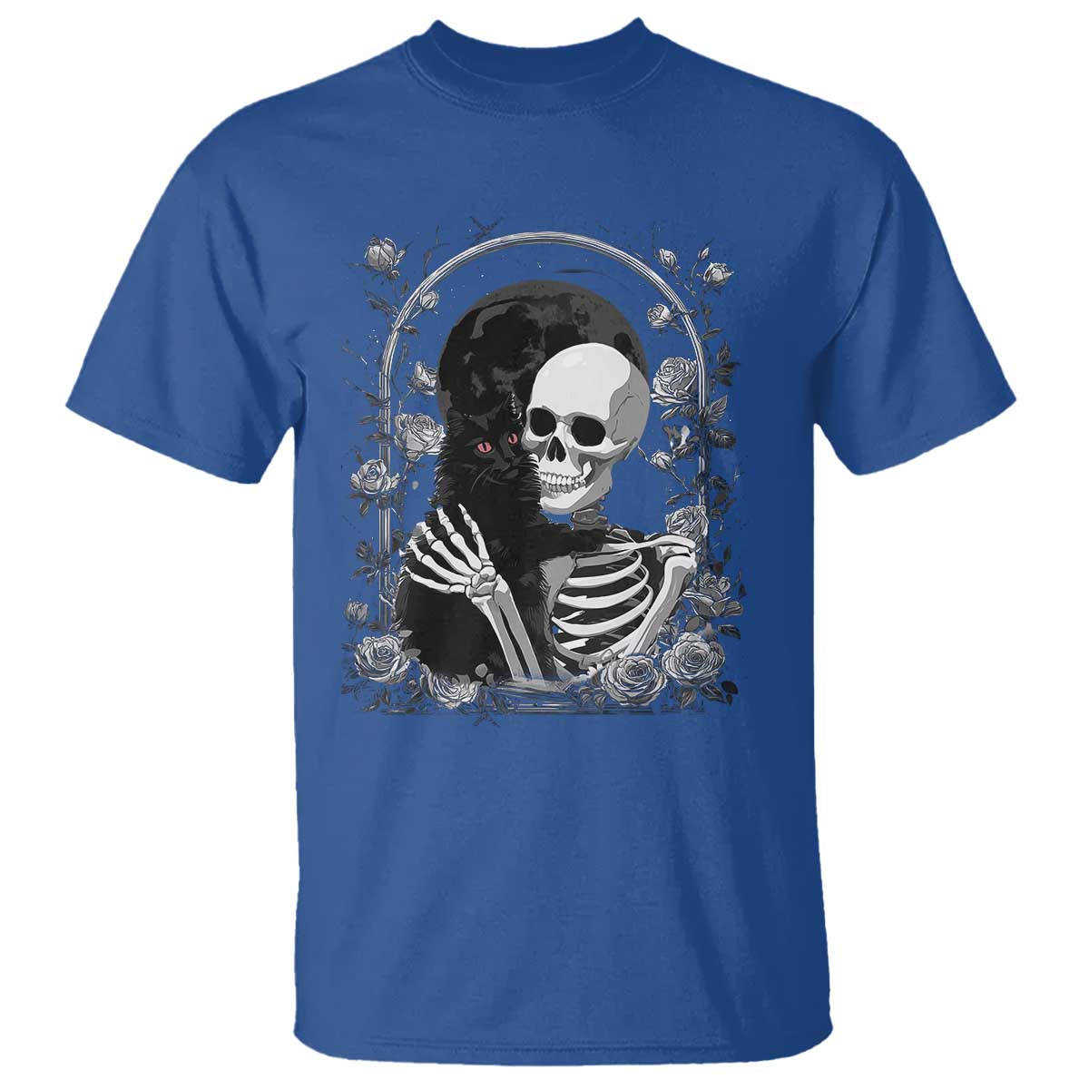 Funny Full Moon Horror Art T Shirt Skeleton Hug Maine Coon Cat - Wonder Print Shop