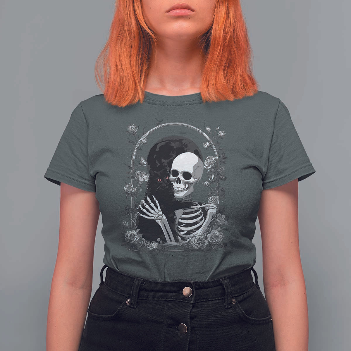 Funny Full Moon Horror Art T Shirt For Women Skeleton Hug Maine Coon Cat - Wonder Print Shop