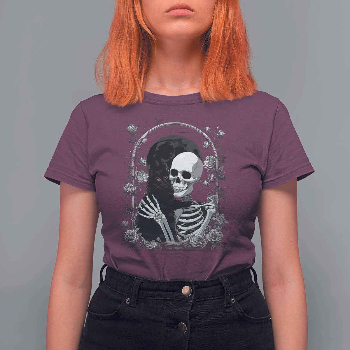 Funny Full Moon Horror Art T Shirt For Women Skeleton Hug Maine Coon Cat - Wonder Print Shop