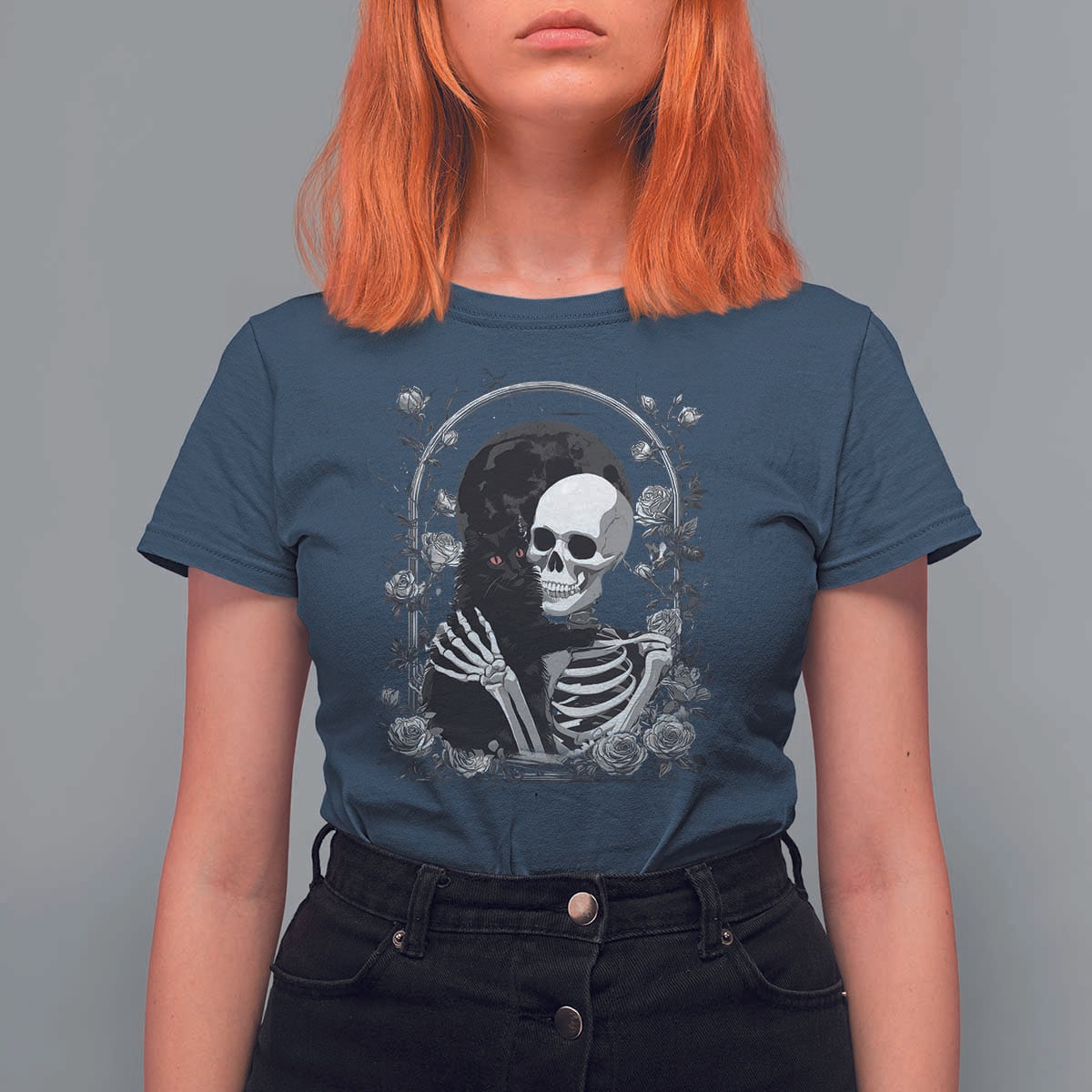 Funny Full Moon Horror Art T Shirt For Women Skeleton Hug Maine Coon Cat - Wonder Print Shop