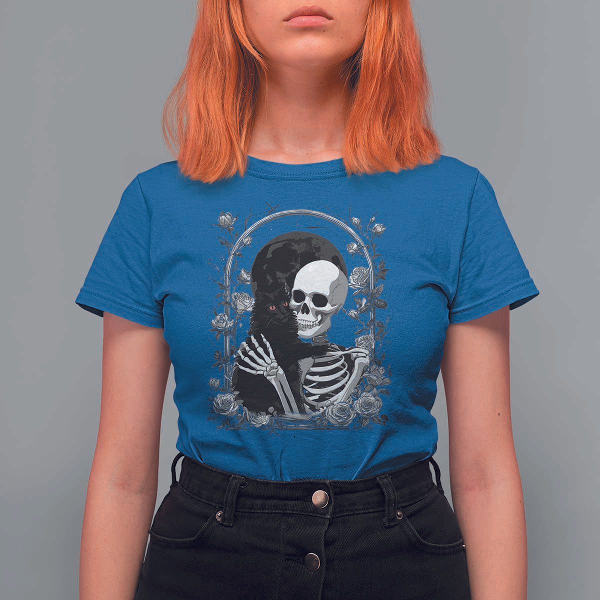 Funny Full Moon Horror Art T Shirt For Women Skeleton Hug Maine Coon Cat - Wonder Print Shop
