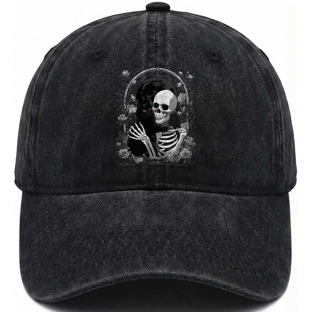 Funny Full Moon Horror Art Washed Cotton Baseball Cap Skeleton Hug Maine Coon Cat