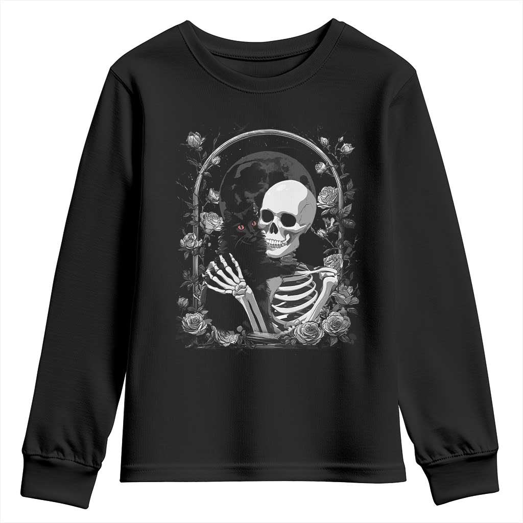 Funny Full Moon Horror Art Youth Sweatshirt Skeleton Hug Maine Coon Cat - Wonder Print Shop