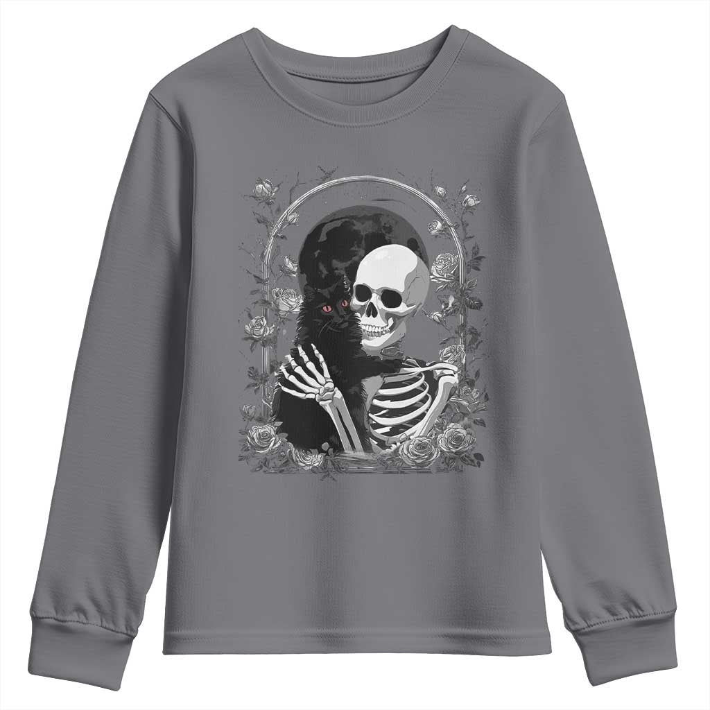 Funny Full Moon Horror Art Youth Sweatshirt Skeleton Hug Maine Coon Cat - Wonder Print Shop