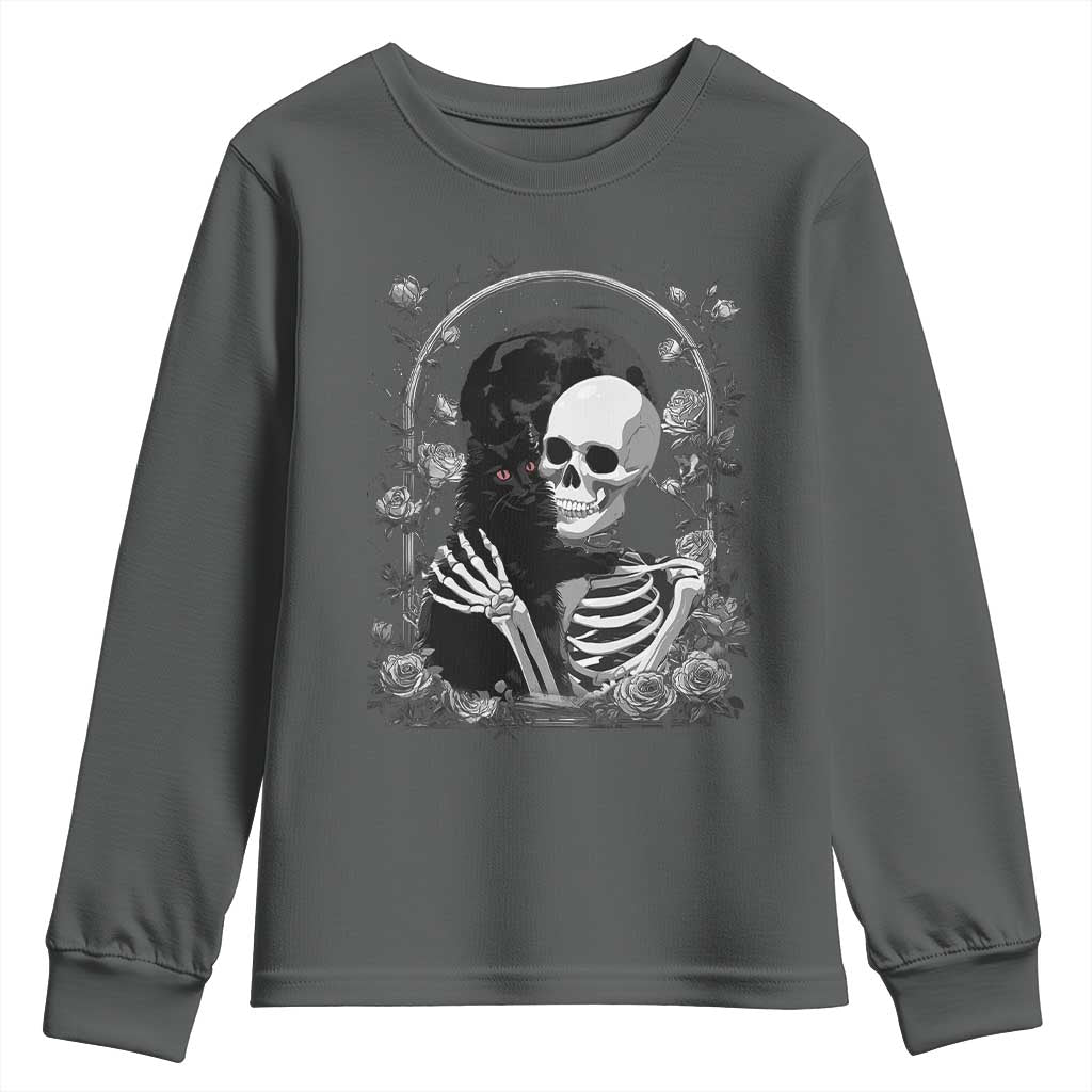 Funny Full Moon Horror Art Youth Sweatshirt Skeleton Hug Maine Coon Cat - Wonder Print Shop