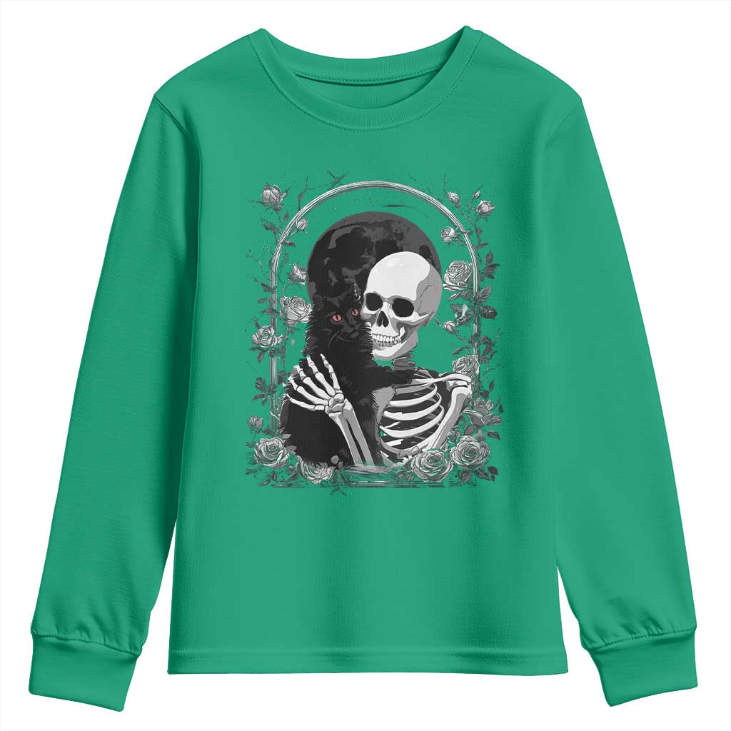 Funny Full Moon Horror Art Youth Sweatshirt Skeleton Hug Maine Coon Cat - Wonder Print Shop
