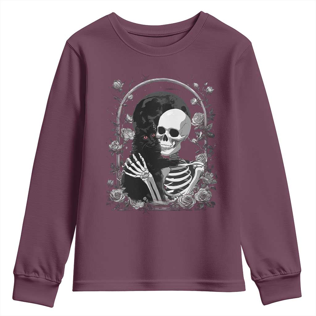 Funny Full Moon Horror Art Youth Sweatshirt Skeleton Hug Maine Coon Cat - Wonder Print Shop