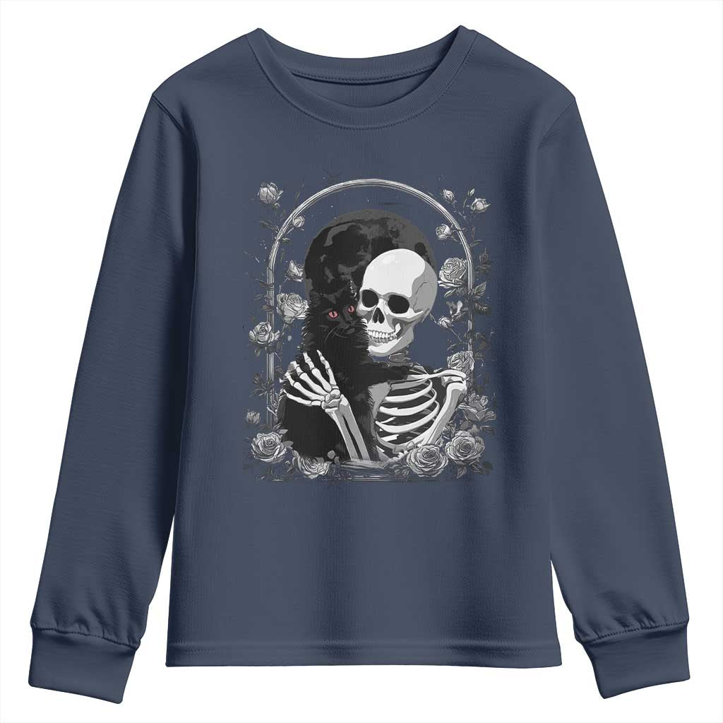 Funny Full Moon Horror Art Youth Sweatshirt Skeleton Hug Maine Coon Cat - Wonder Print Shop
