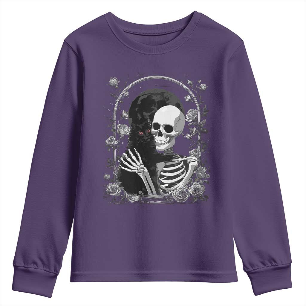 Funny Full Moon Horror Art Youth Sweatshirt Skeleton Hug Maine Coon Cat - Wonder Print Shop