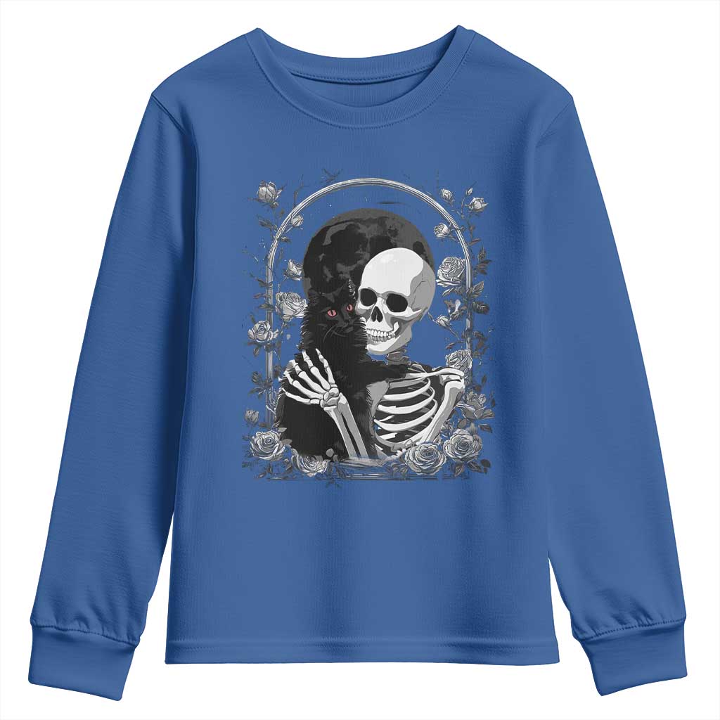 Funny Full Moon Horror Art Youth Sweatshirt Skeleton Hug Maine Coon Cat - Wonder Print Shop