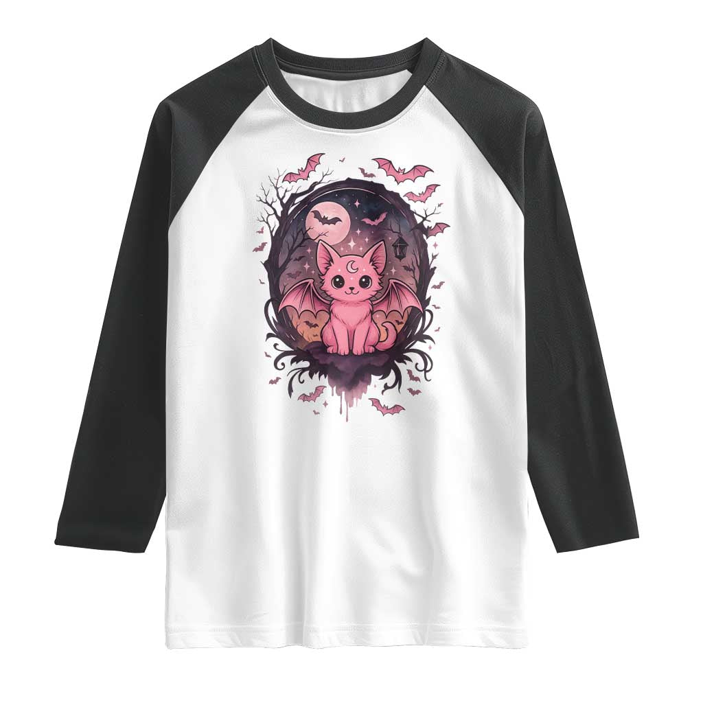 Cute Pastel Goth Bat Cat Raglan Shirt Funny Gothic Halloween Art - Wonder Print Shop