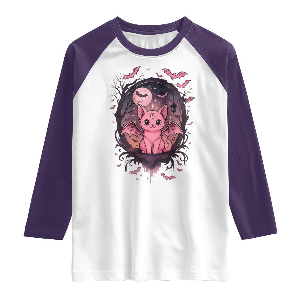 Cute Pastel Goth Bat Cat Raglan Shirt Funny Gothic Halloween Art - Wonder Print Shop