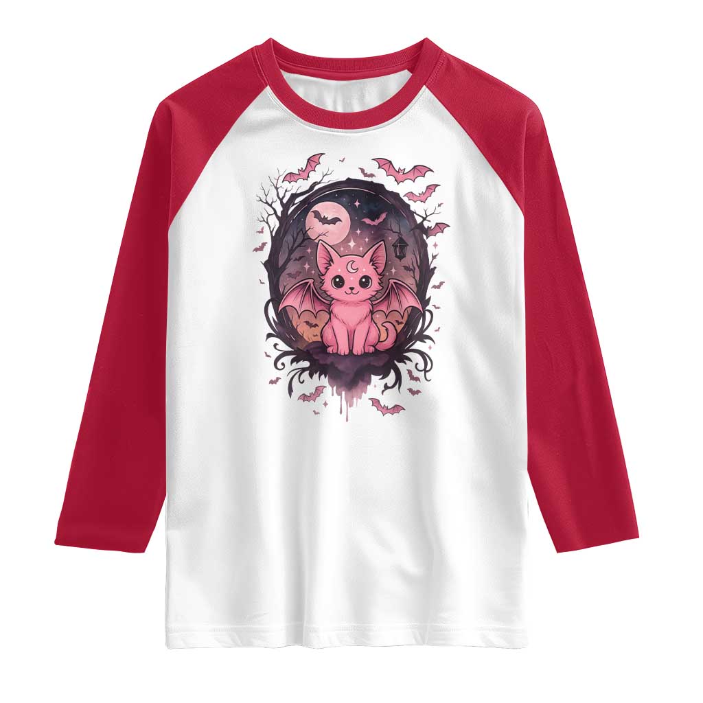 Cute Pastel Goth Bat Cat Raglan Shirt Funny Gothic Halloween Art - Wonder Print Shop