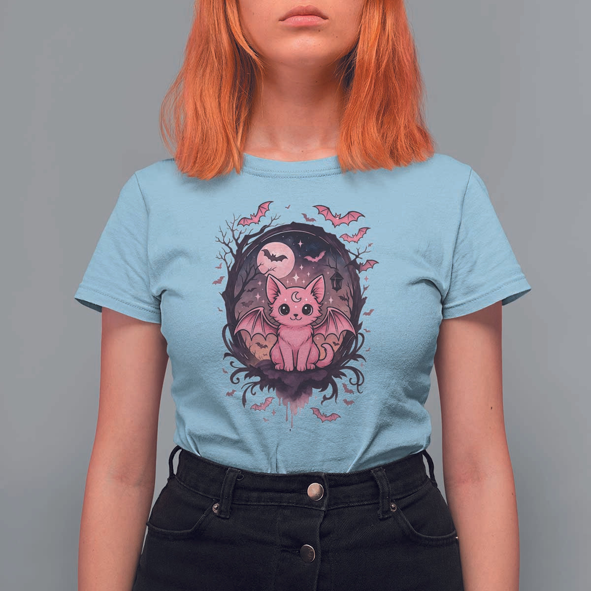 Cute Pastel Goth Bat Cat T Shirt For Women Funny Gothic Halloween Art - Wonder Print Shop