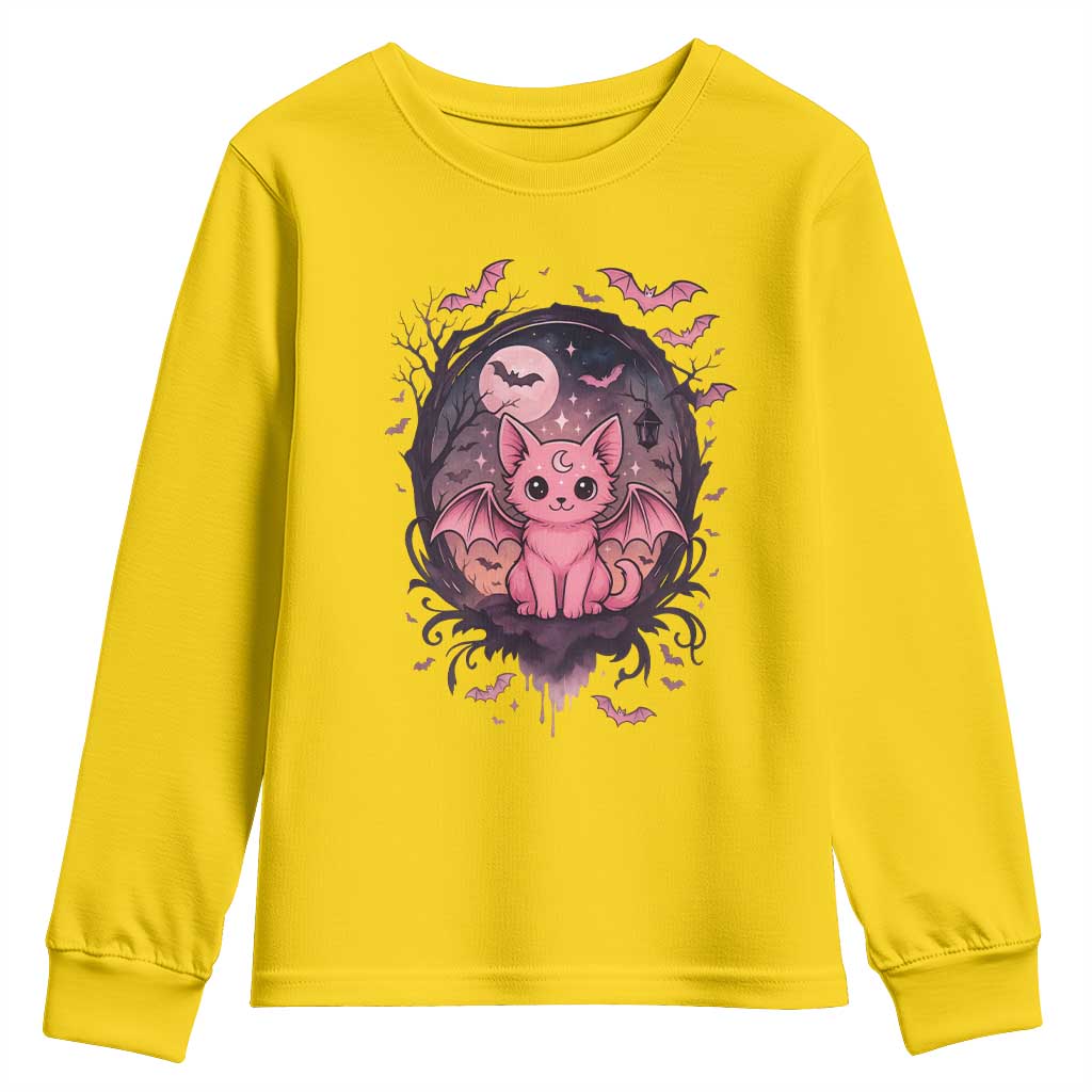 Cute Pastel Goth Bat Cat Youth Sweatshirt Funny Gothic Halloween Art - Wonder Print Shop