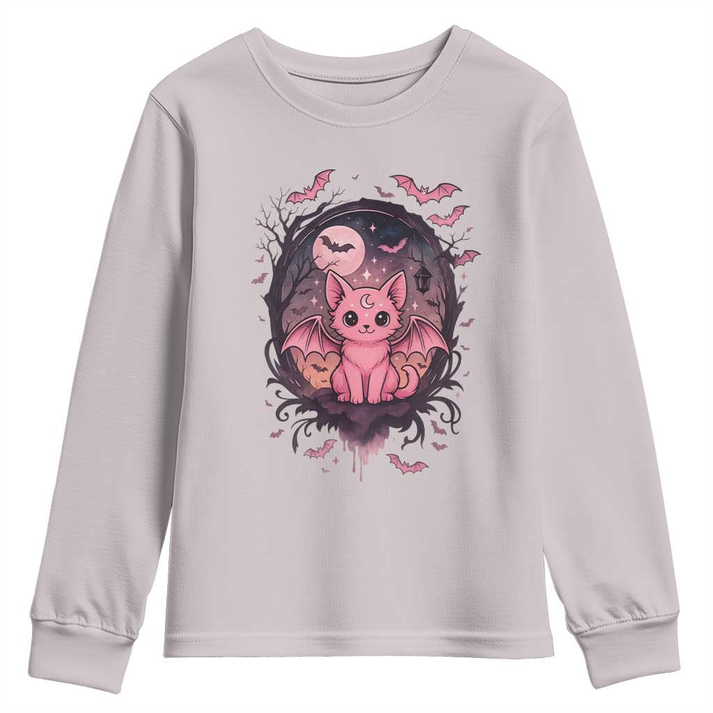 Cute Pastel Goth Bat Cat Youth Sweatshirt Funny Gothic Halloween Art - Wonder Print Shop