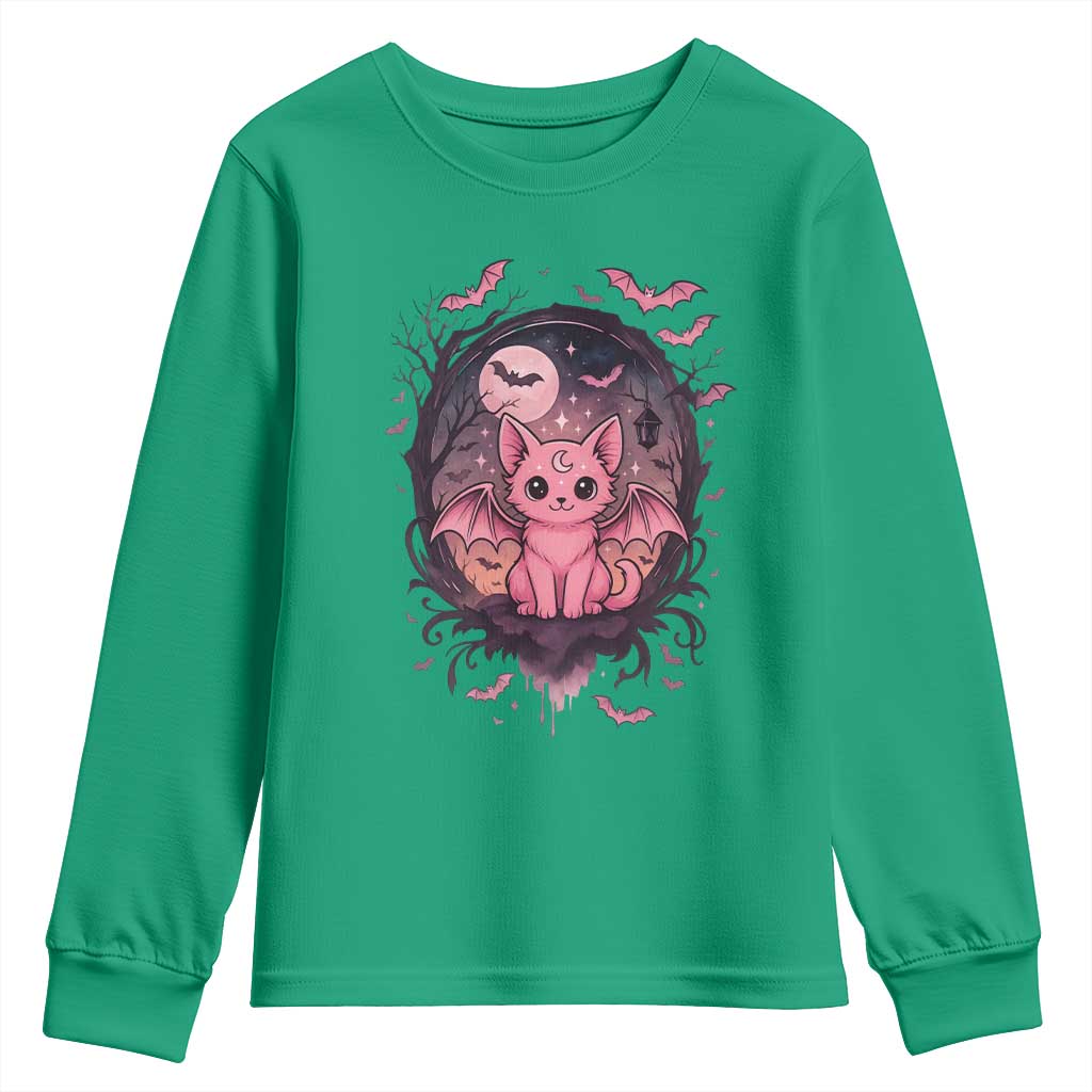 Cute Pastel Goth Bat Cat Youth Sweatshirt Funny Gothic Halloween Art - Wonder Print Shop