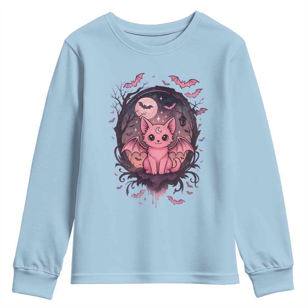 Cute Pastel Goth Bat Cat Youth Sweatshirt Funny Gothic Halloween Art - Wonder Print Shop