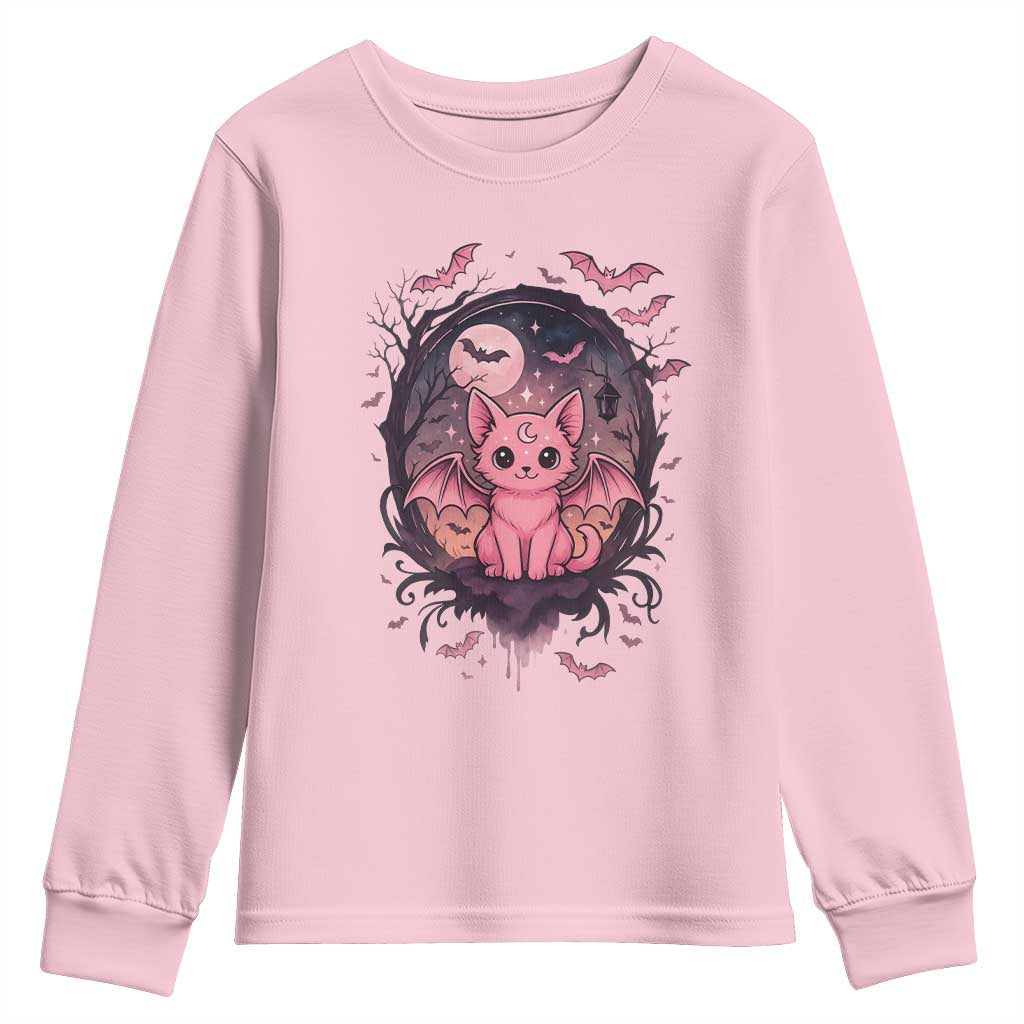 Cute Pastel Goth Bat Cat Youth Sweatshirt Funny Gothic Halloween Art - Wonder Print Shop