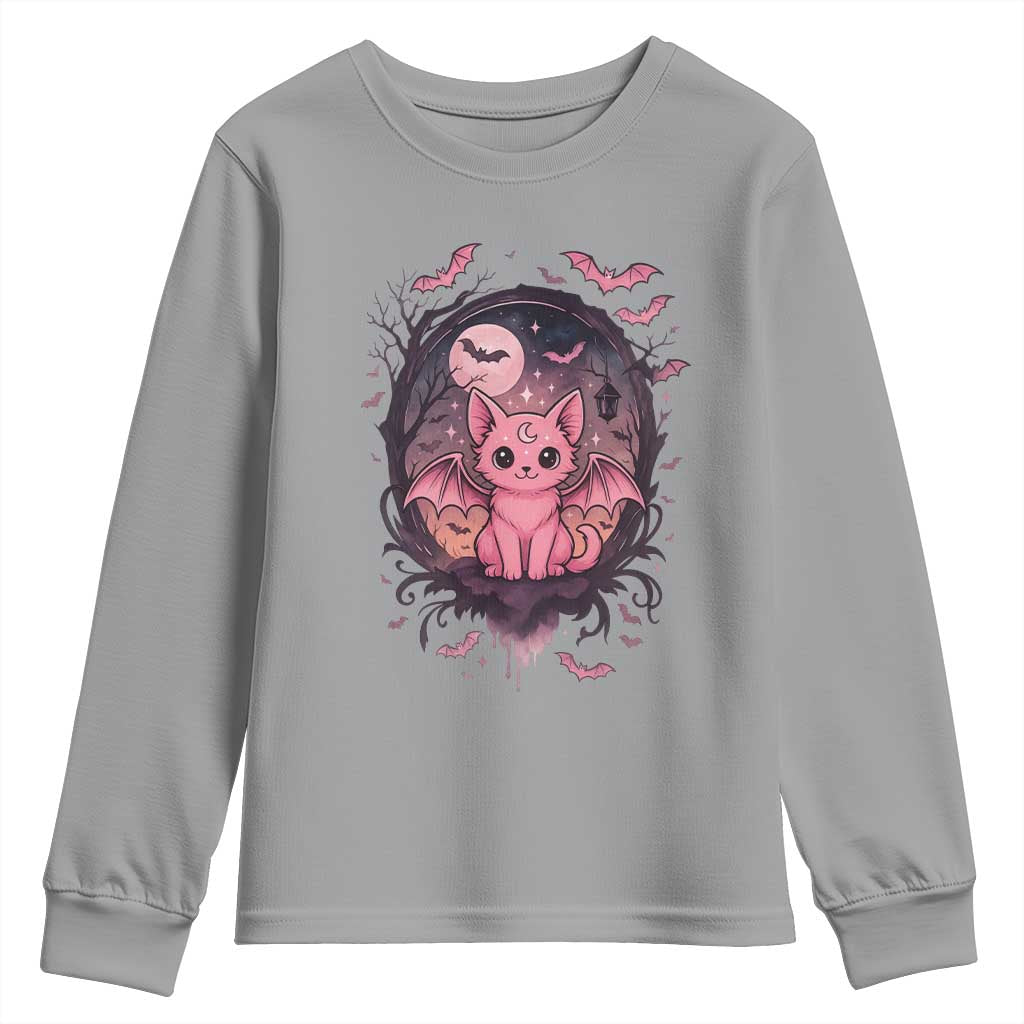 Cute Pastel Goth Bat Cat Youth Sweatshirt Funny Gothic Halloween Art - Wonder Print Shop