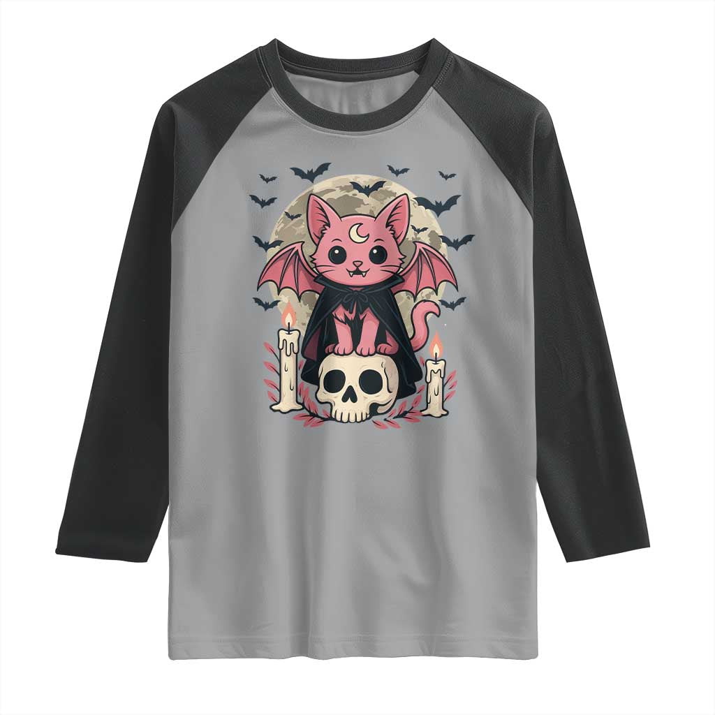 Cute Pastel Goth Vampire Cat Raglan Shirt Funny Gothic Halloween Art - Wonder Print Shop