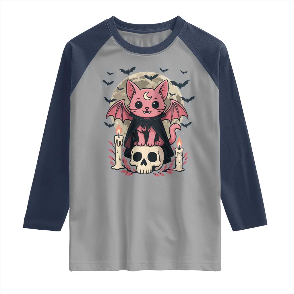 Cute Pastel Goth Vampire Cat Raglan Shirt Funny Gothic Halloween Art - Wonder Print Shop