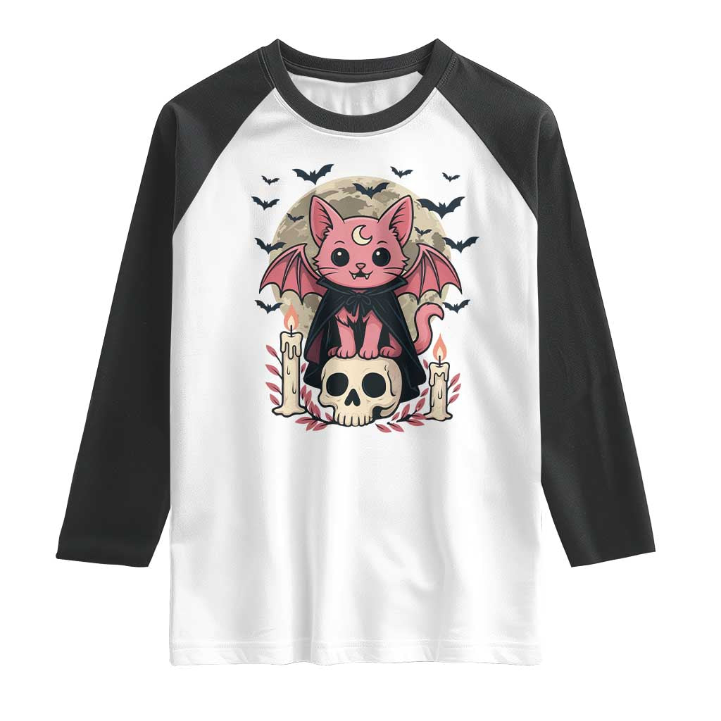 Cute Pastel Goth Vampire Cat Raglan Shirt Funny Gothic Halloween Art - Wonder Print Shop