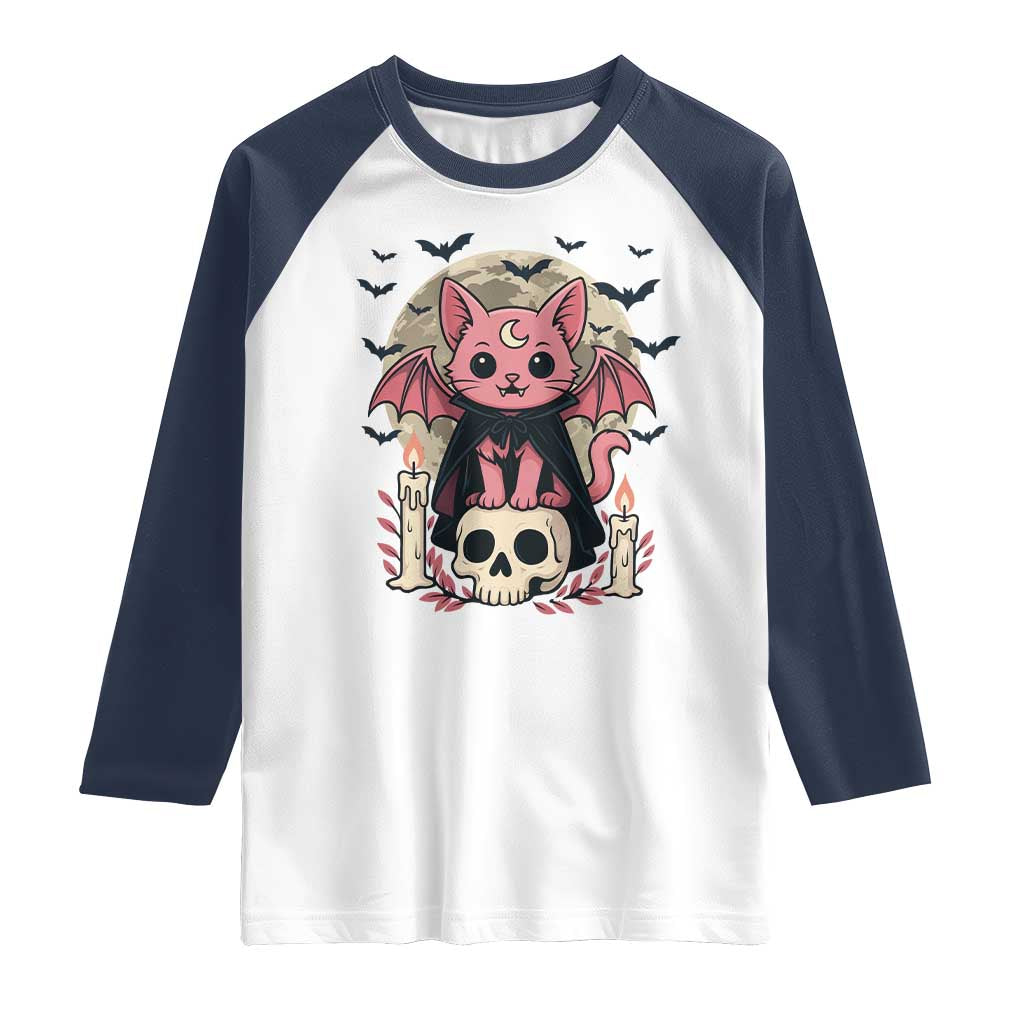 Cute Pastel Goth Vampire Cat Raglan Shirt Funny Gothic Halloween Art - Wonder Print Shop
