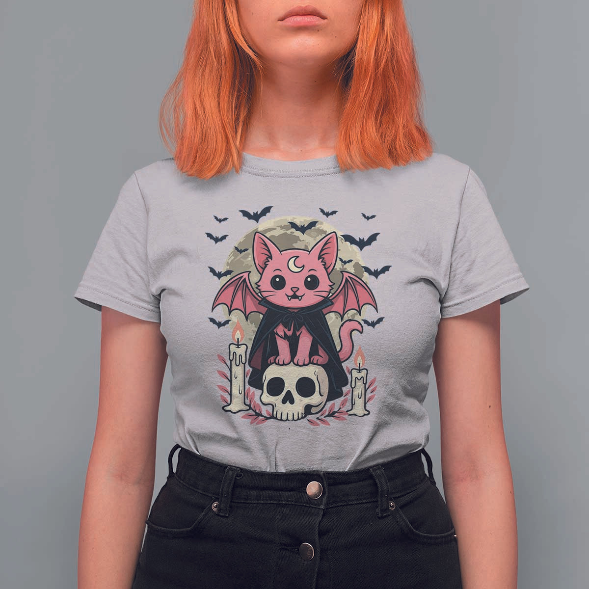 Cute Pastel Goth Vampire Cat T Shirt For Women Funny Gothic Halloween Art - Wonder Print Shop
