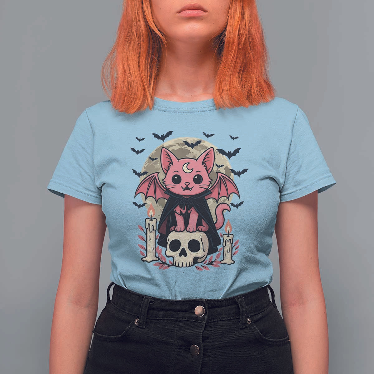 Cute Pastel Goth Vampire Cat T Shirt For Women Funny Gothic Halloween Art - Wonder Print Shop
