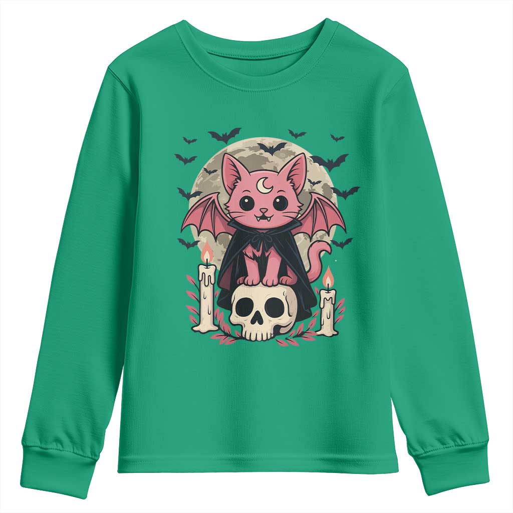 Cute Pastel Goth Vampire Cat Youth Sweatshirt Funny Gothic Halloween Art - Wonder Print Shop