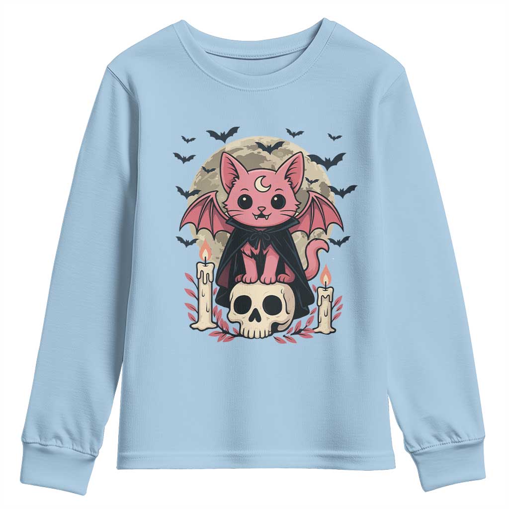 Cute Pastel Goth Vampire Cat Youth Sweatshirt Funny Gothic Halloween Art - Wonder Print Shop