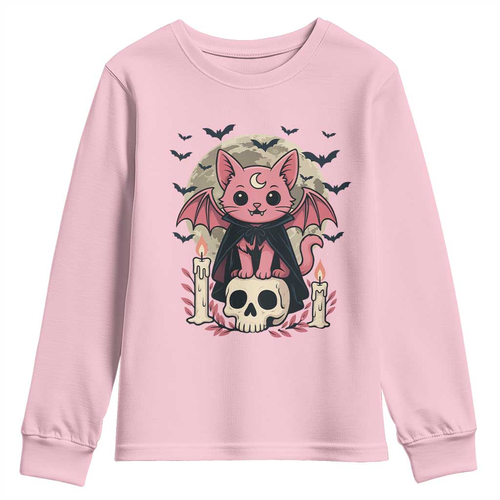 Cute Pastel Goth Vampire Cat Youth Sweatshirt Funny Gothic Halloween Art - Wonder Print Shop
