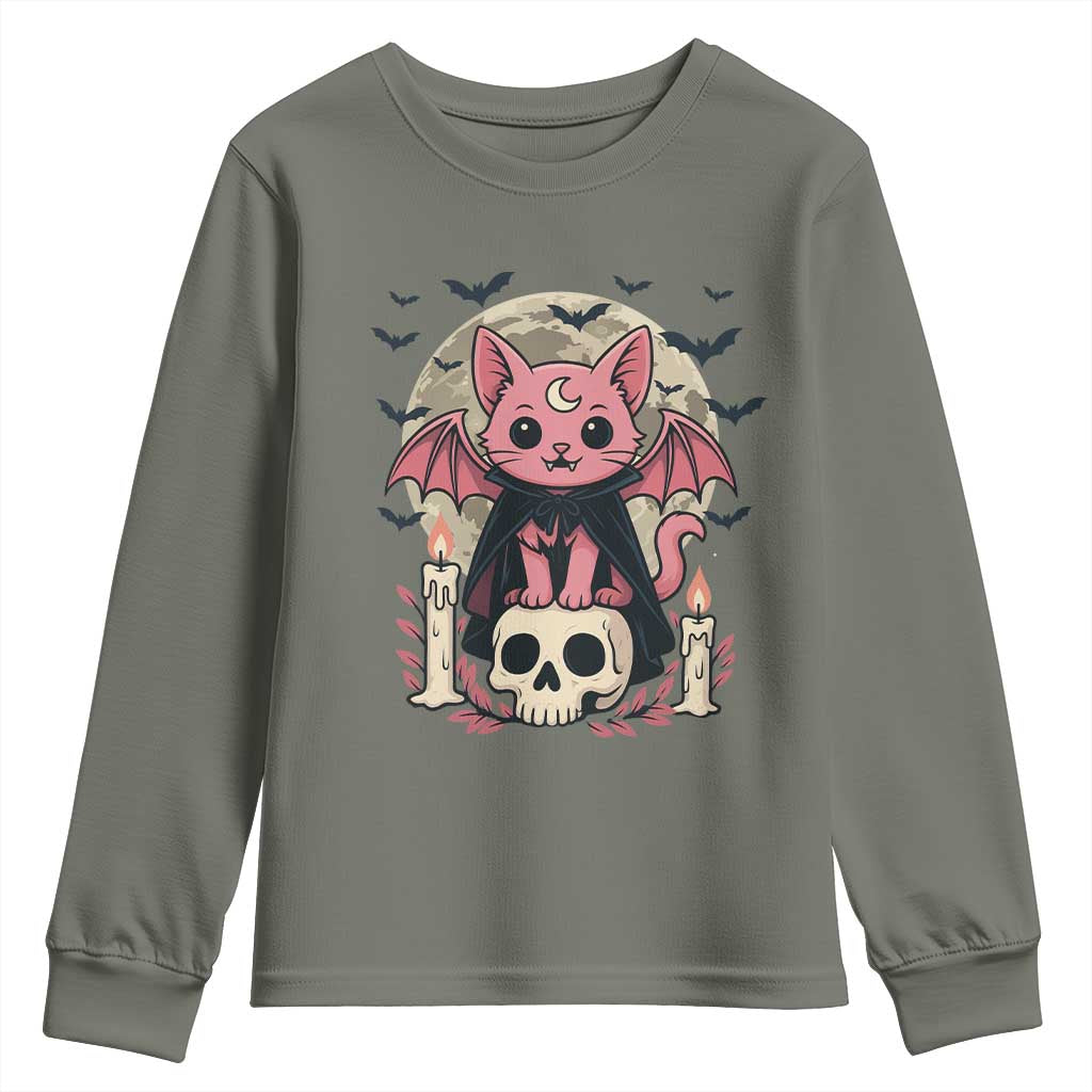 Cute Pastel Goth Vampire Cat Youth Sweatshirt Funny Gothic Halloween Art - Wonder Print Shop