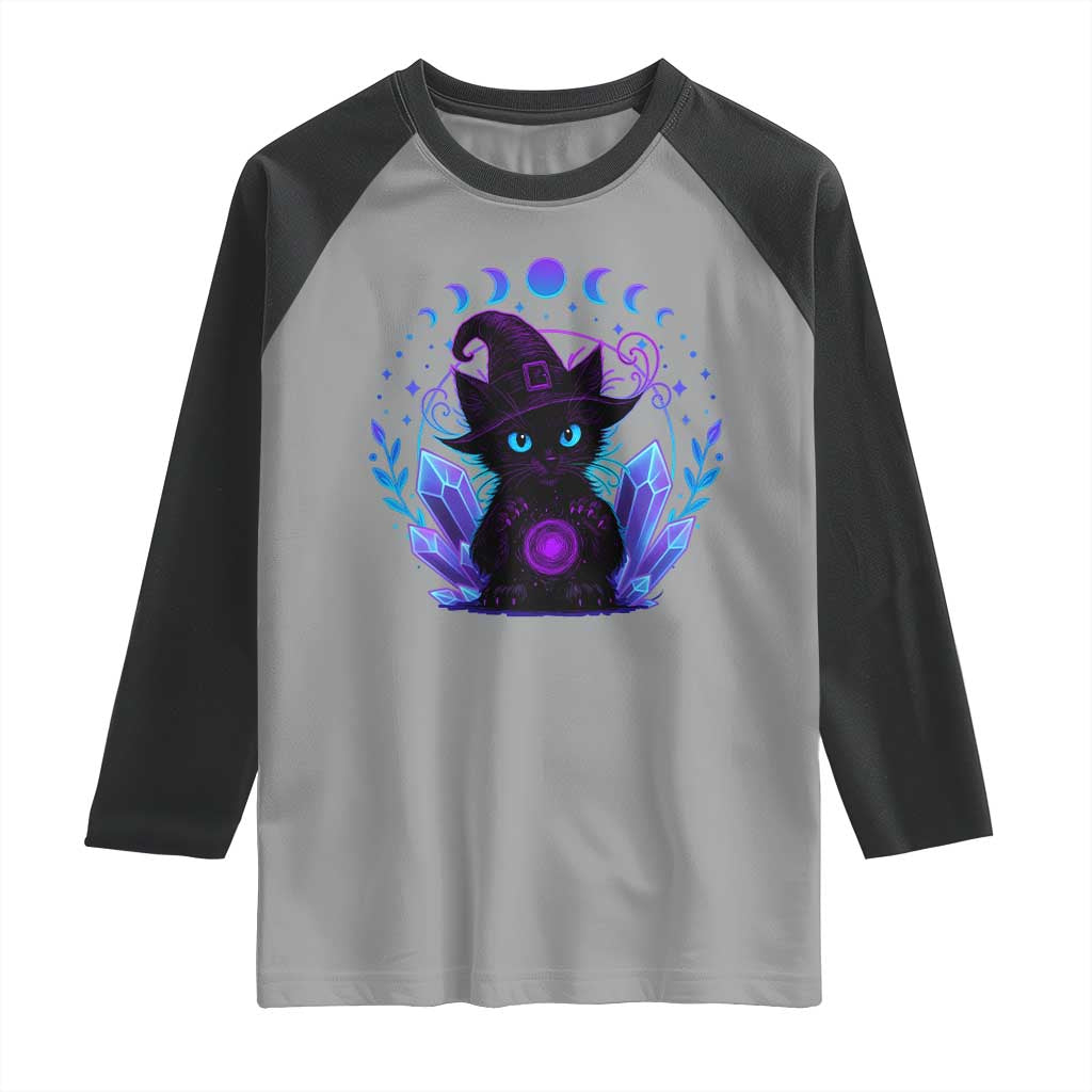 Witchy Black Cat Raglan Shirt Funny Spellcasting Pastel Goth Aesthetic - Wonder Print Shop