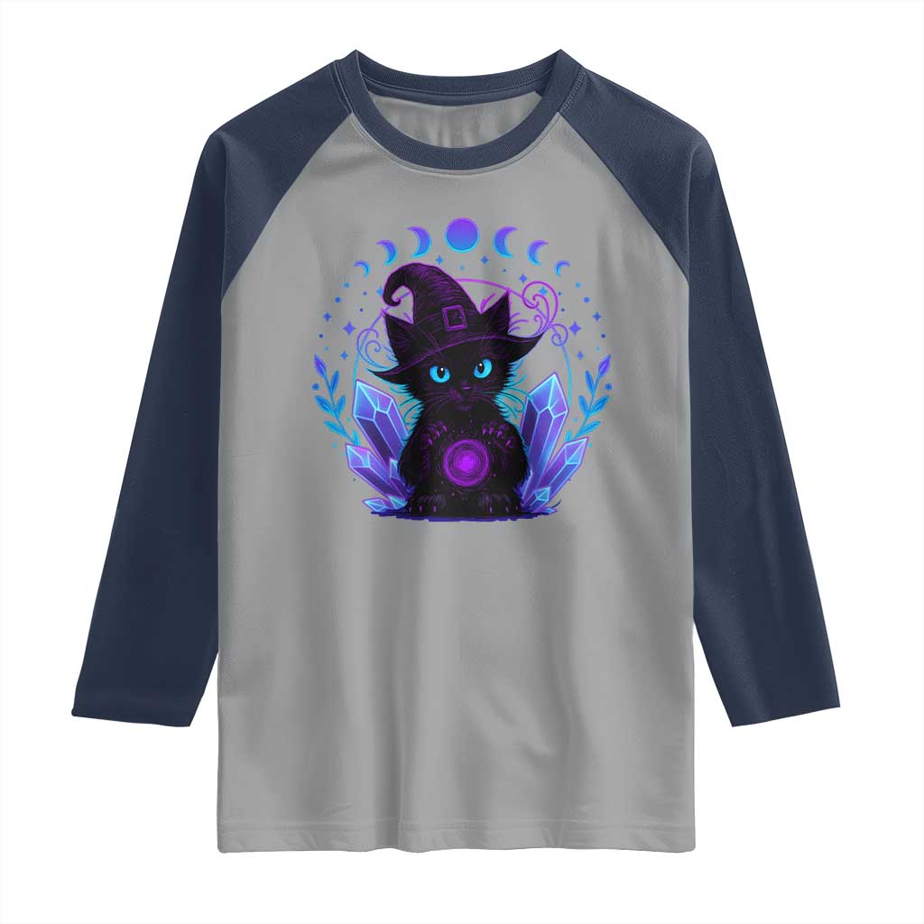 Witchy Black Cat Raglan Shirt Funny Spellcasting Pastel Goth Aesthetic - Wonder Print Shop