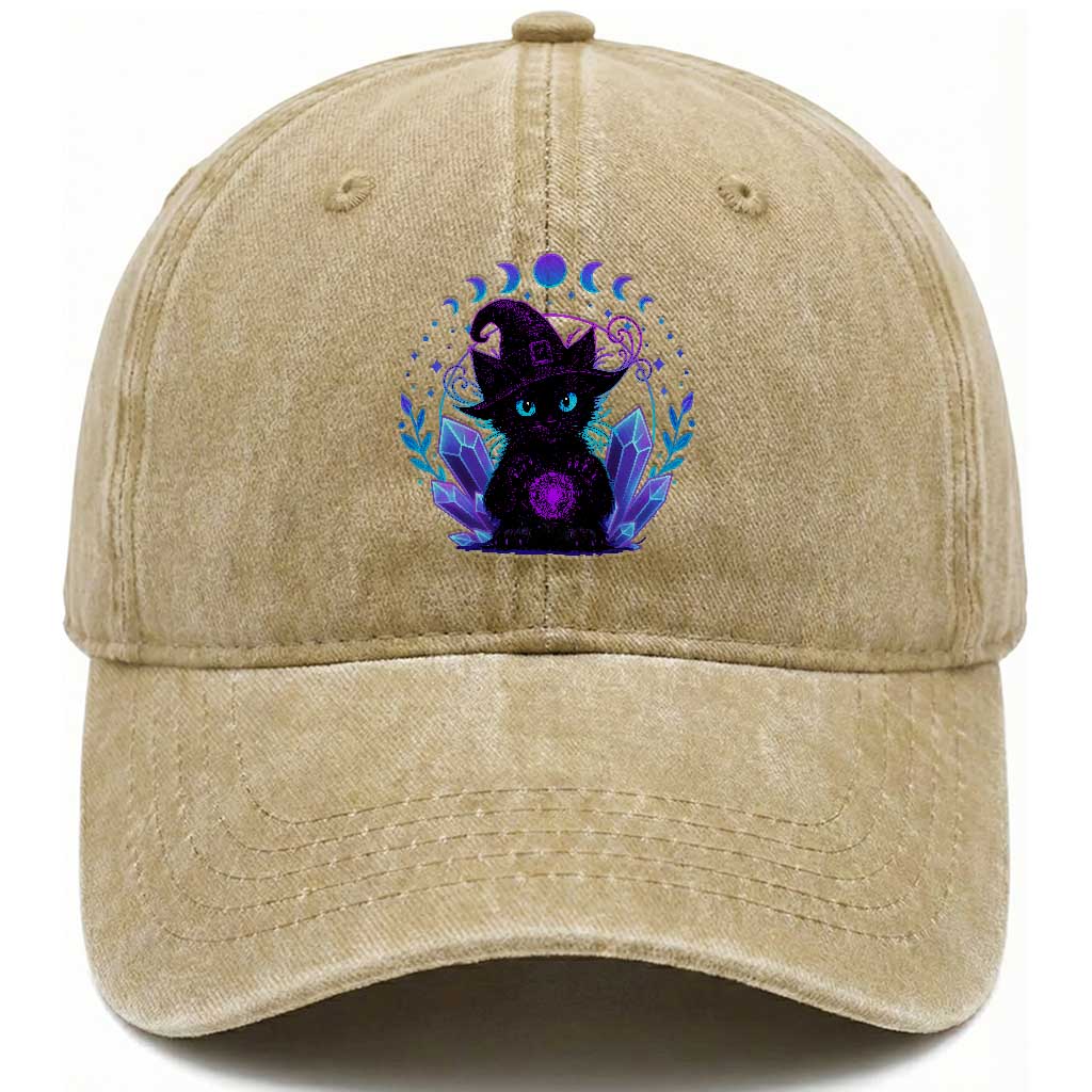 Witchy Black Cat Washed Cotton Baseball Cap Funny Spellcasting Pastel Goth Aesthetic