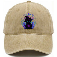 Witchy Black Cat Washed Cotton Baseball Cap Funny Spellcasting Pastel Goth Aesthetic