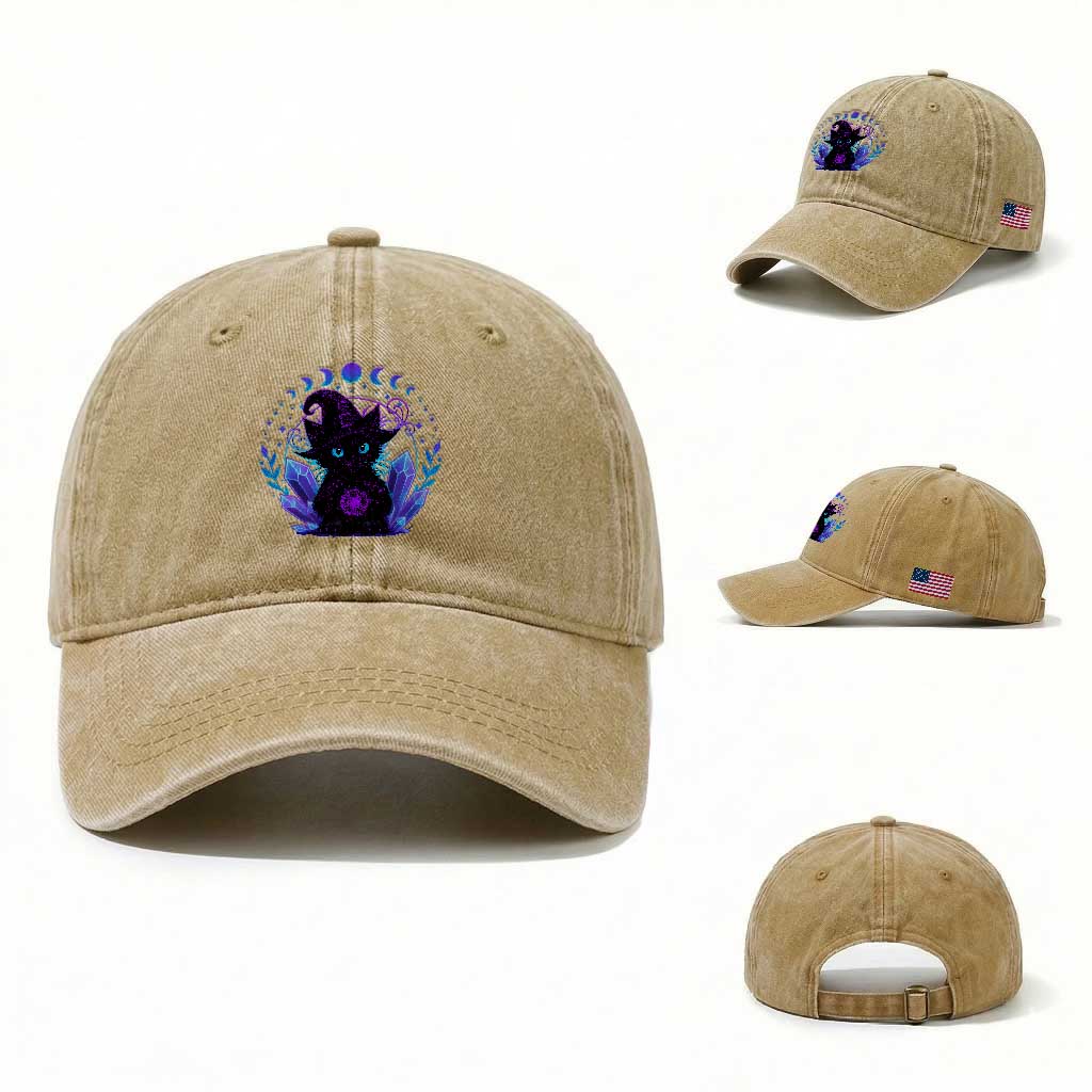 Witchy Black Cat Washed Cotton Baseball Cap Funny Spellcasting Pastel Goth Aesthetic