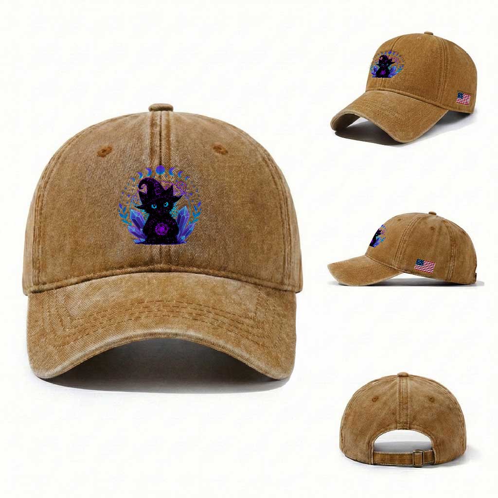 Witchy Black Cat Washed Cotton Baseball Cap Funny Spellcasting Pastel Goth Aesthetic