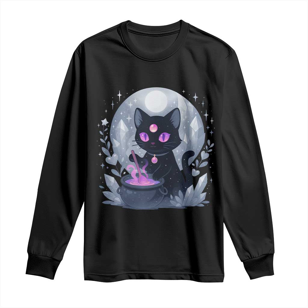 Witchy Black Cat Long Sleeve Shirt Brewing Magic Funny Pastel Goth Art - Wonder Print Shop