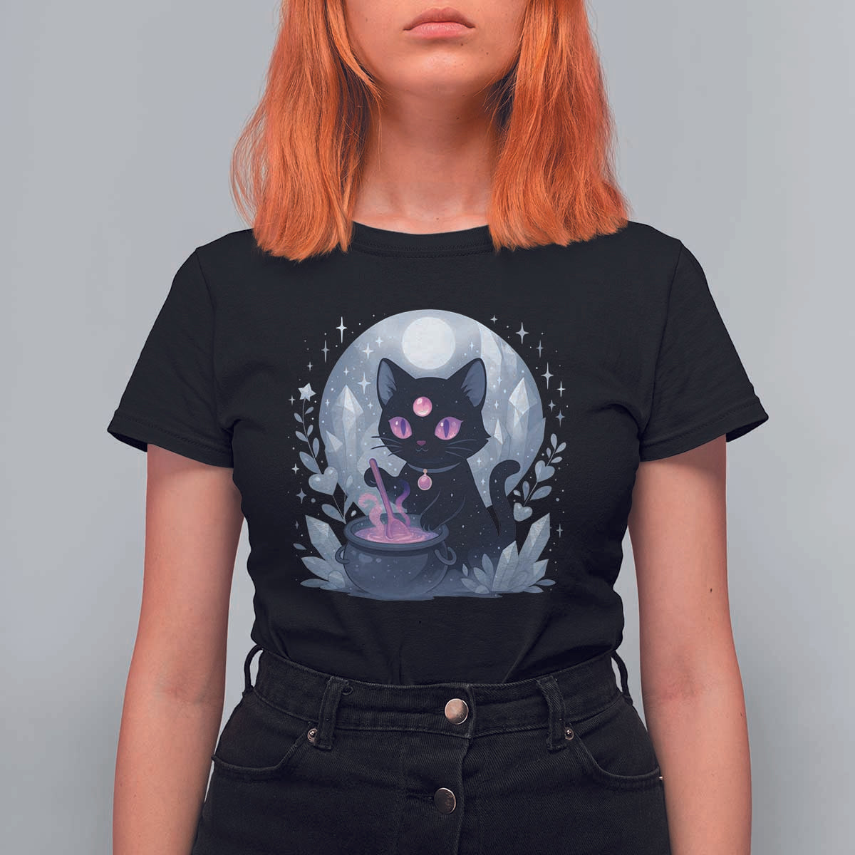 Witchy Black Cat T Shirt For Women Brewing Magic Funny Pastel Goth Art - Wonder Print Shop