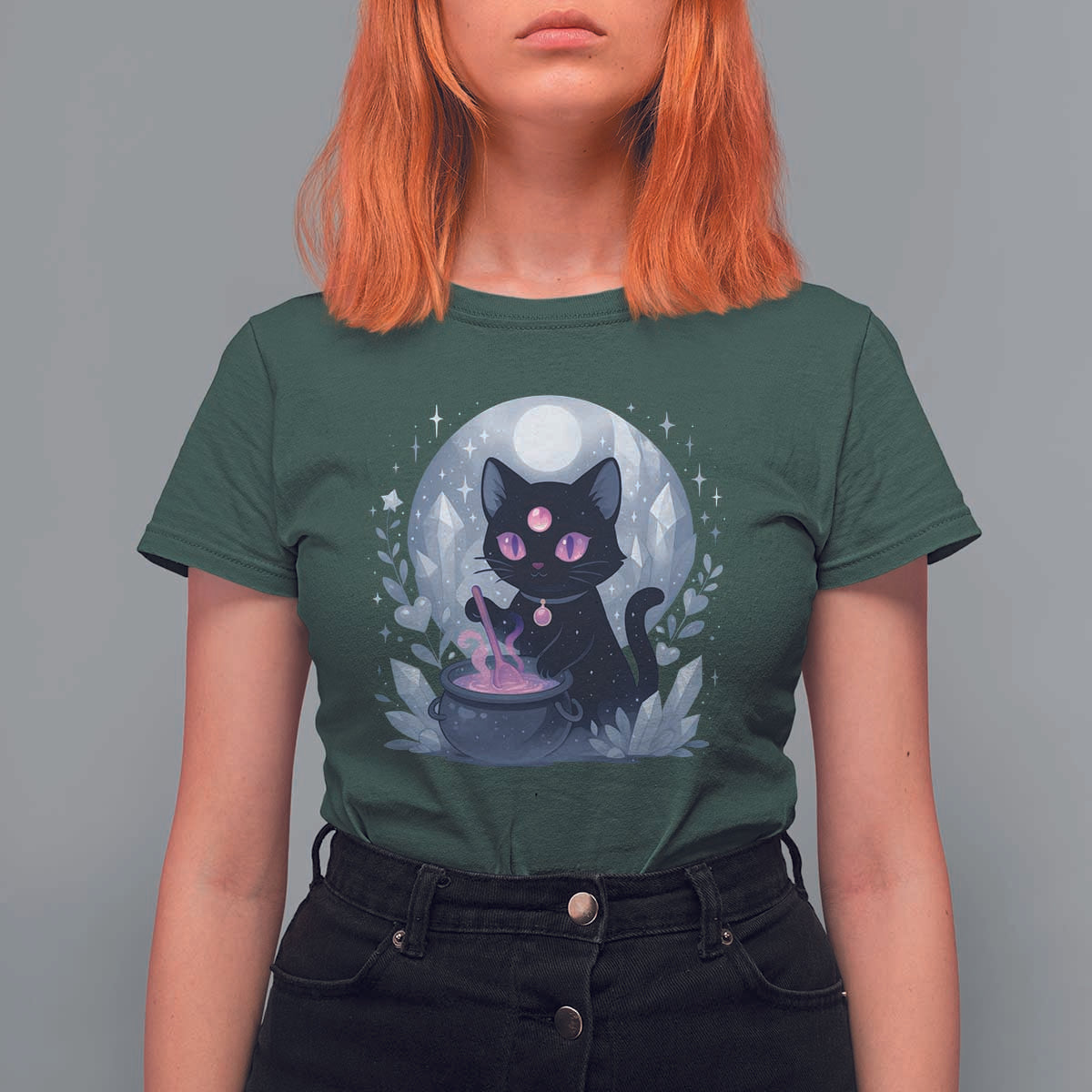Witchy Black Cat T Shirt For Women Brewing Magic Funny Pastel Goth Art - Wonder Print Shop