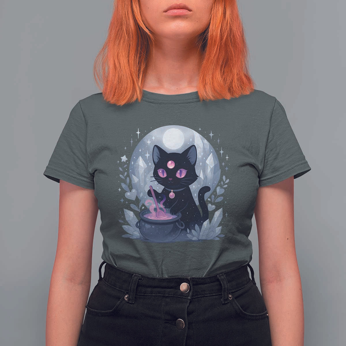 Witchy Black Cat T Shirt For Women Brewing Magic Funny Pastel Goth Art - Wonder Print Shop