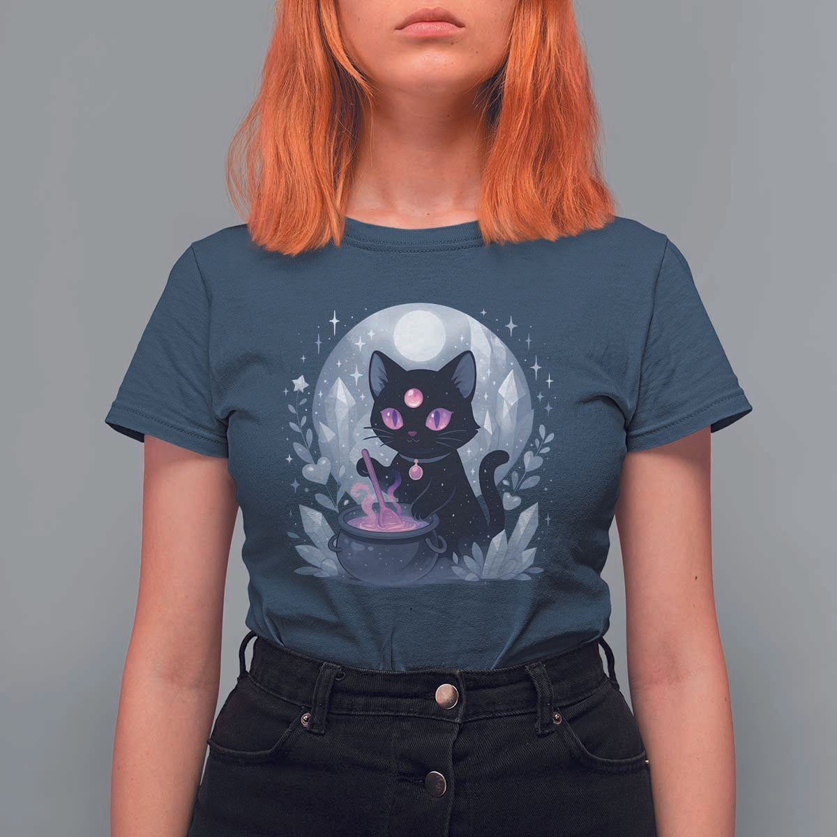 Witchy Black Cat T Shirt For Women Brewing Magic Funny Pastel Goth Art - Wonder Print Shop